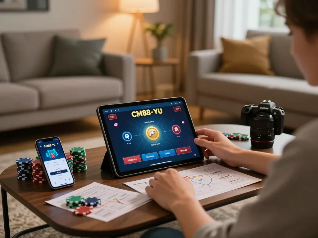Player using the CM88-Yu app on tablet for engaging online casino gaming experience.