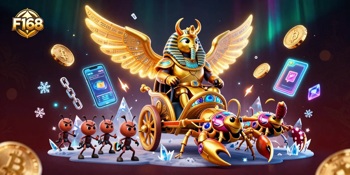 Experience F168's thrilling casino adventure with a majestic scarab beetle and glowing crypto coins.