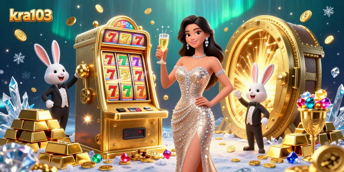 Celebrate wins at kra103 with a glamorous woman beside a jackpot slot machine.
