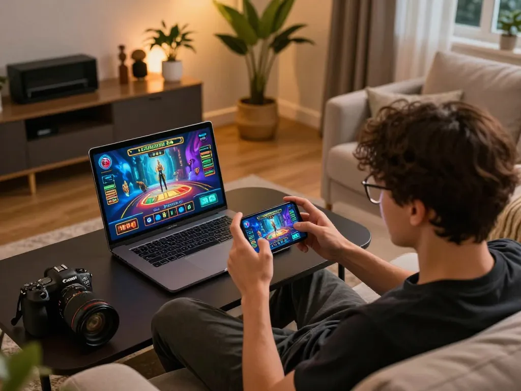 Engaging online gaming moment showcasing sunwinapk on a laptop while betting on a smartphone.