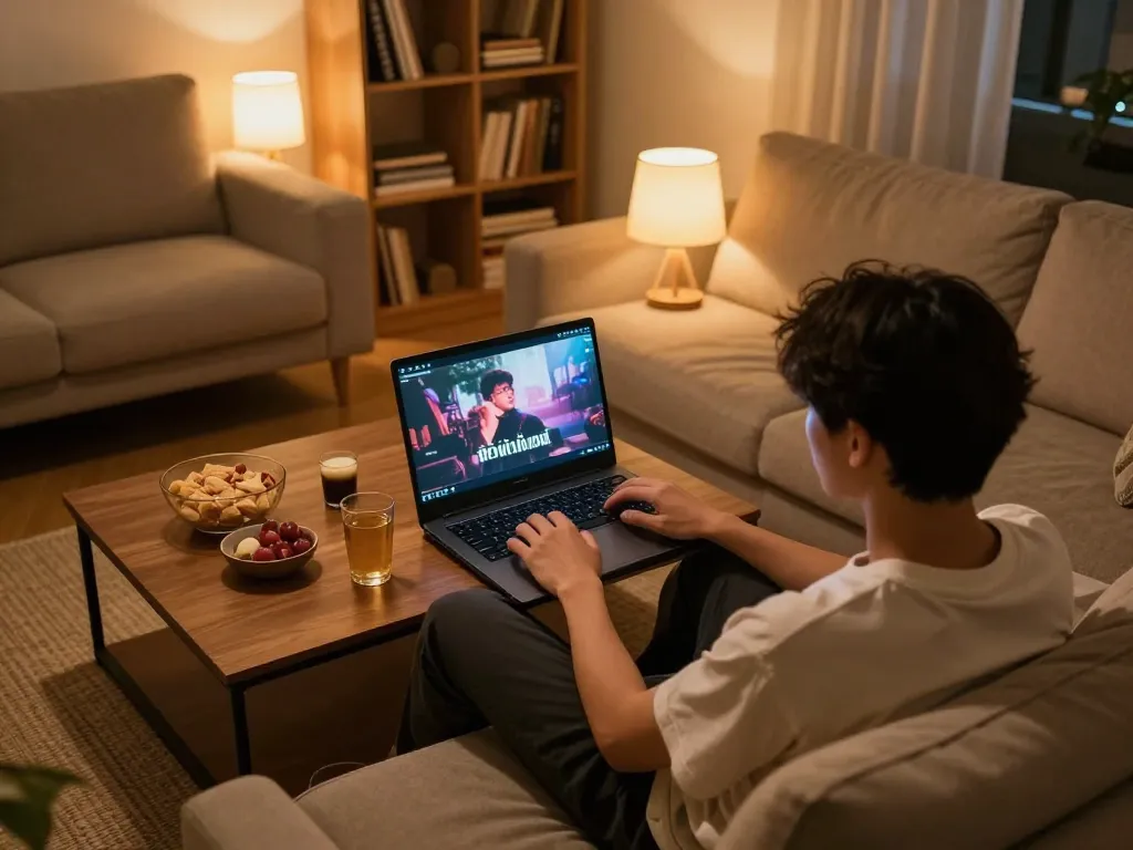 Enjoying ดูหนังใหม่ experience at home with laptop and cozy setup, snacks on the table.