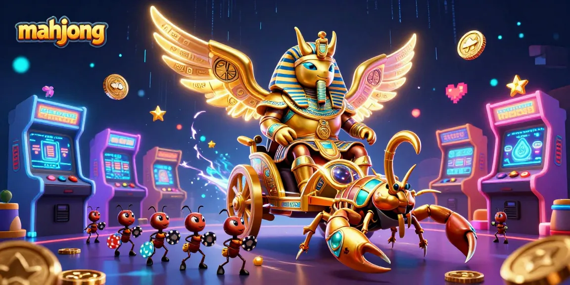 Engage in thrilling mahjong action with a colossal pharaoh beetle and vibrant 3D gaming elements.