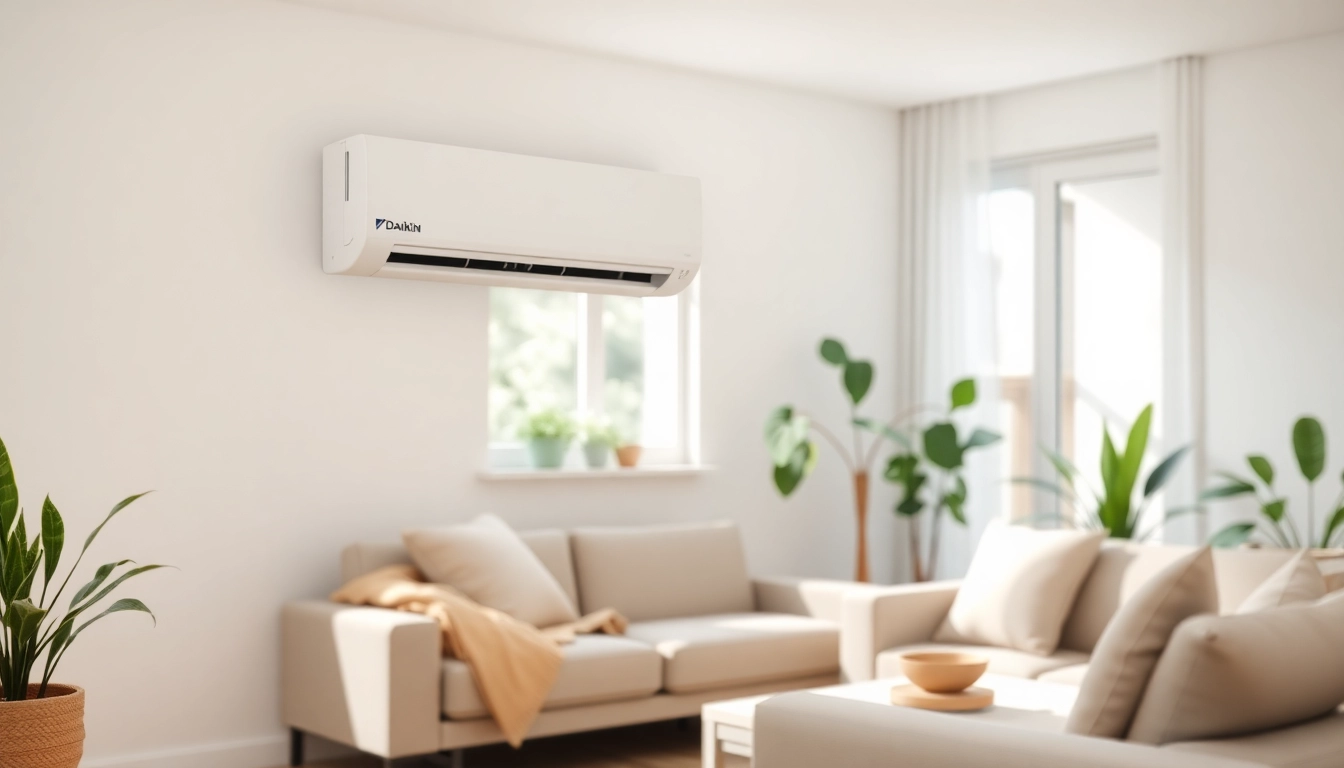 Install a Daikin mini split AC in an inviting living room with modern decor and natural lighting.