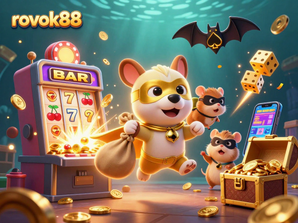 Experience the excitement of rokok88 with a dynamic casino scene featuring cartoon characters and jackpot celebrations.