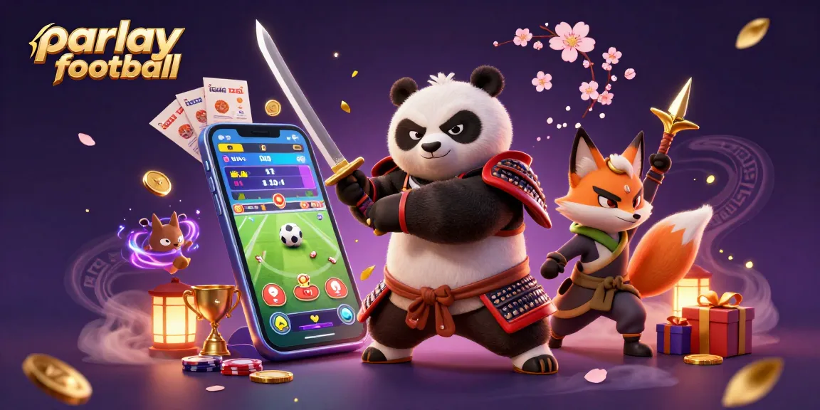 Explore parlay football bets while a samurai panda and ninja fox celebrate winning strategies.