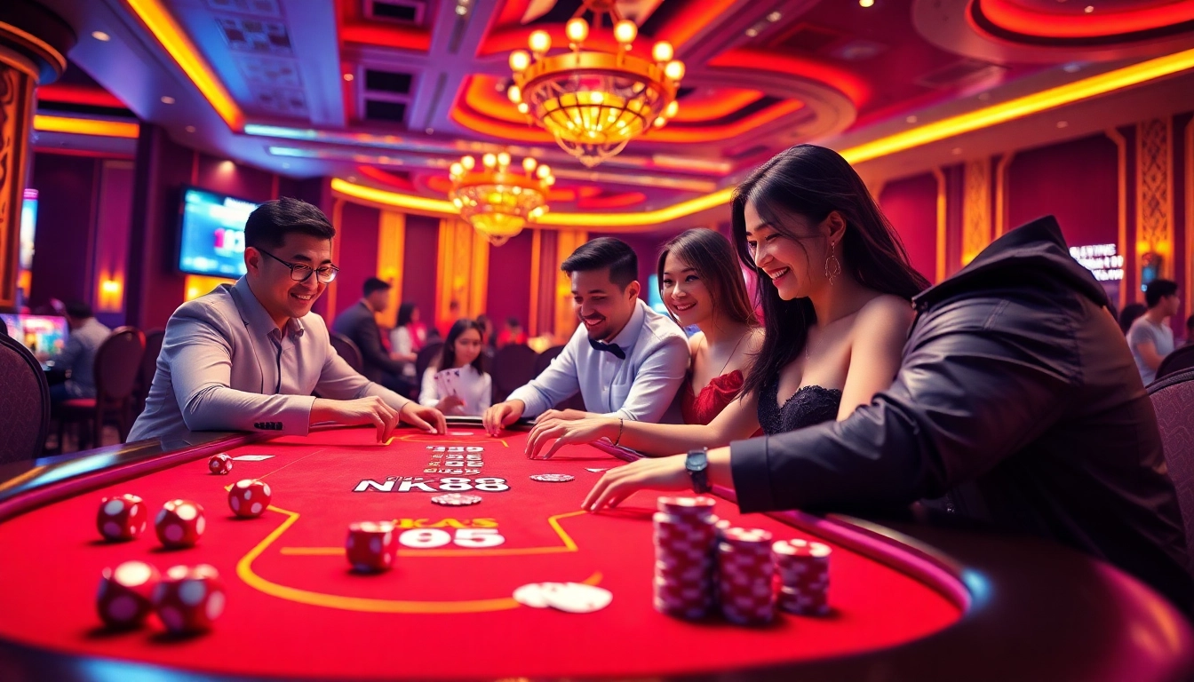 Experience the excitement of NK88 at an elegant casino table with vibrant gaming elements.