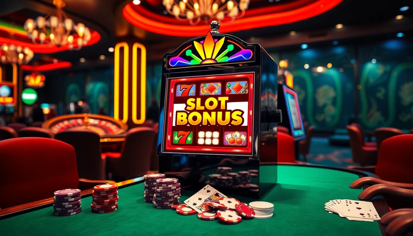 Rasakan kemenangan yang mendebarkan dengan bonus slot di kasino mewah, menampilkan mesin slot yang berwarna-warni dan chip poker.