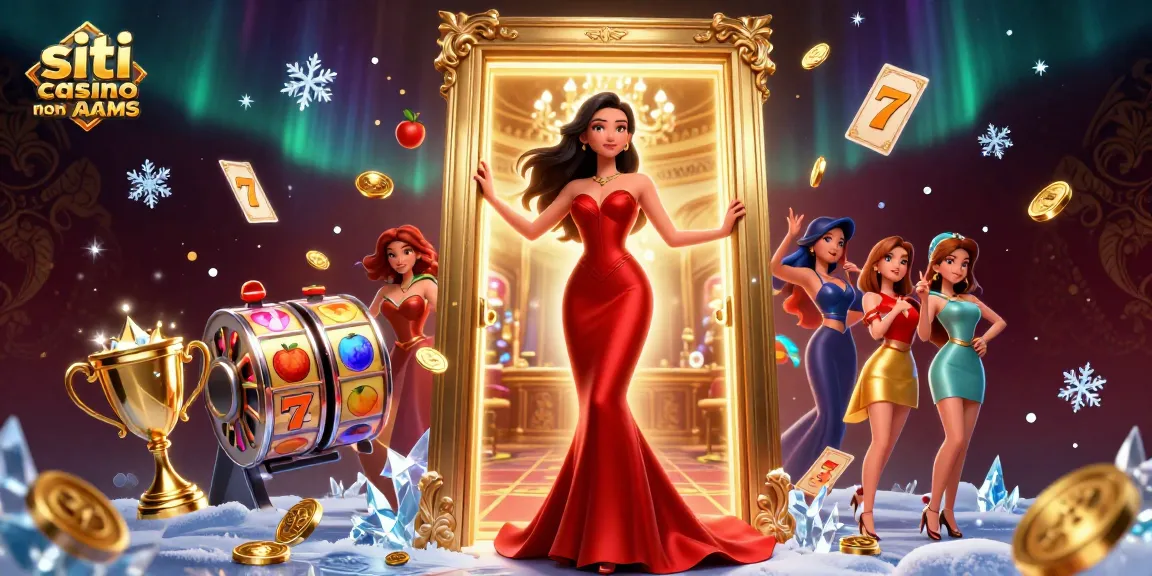 Siti casino non AAMS che mostrano un'elegante donna asiatica in una porta di un casinò VIP con elementi dinamici delle slot e oro scintillante.