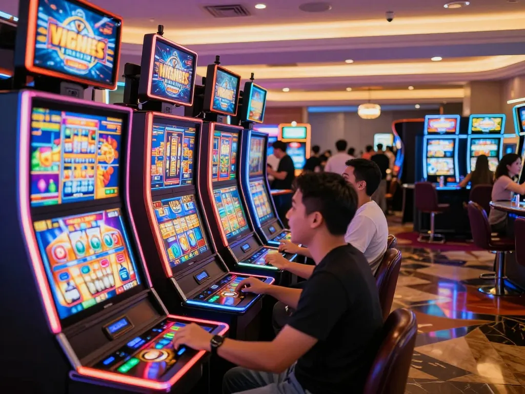 Pemain merayakan kemenangan di mesin slot gacor yang cerah dalam suasana kasino yang meriah