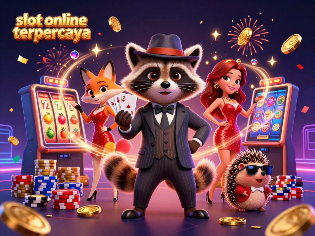Experience thrilling wins at slot online terpercaya with vibrant 3D casino characters celebrating amidst cascading coins.