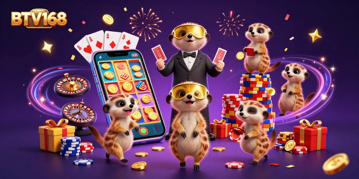 BTV168 meerkats manage a colorful casino experience with festive elements, engaging in lively gaming action.