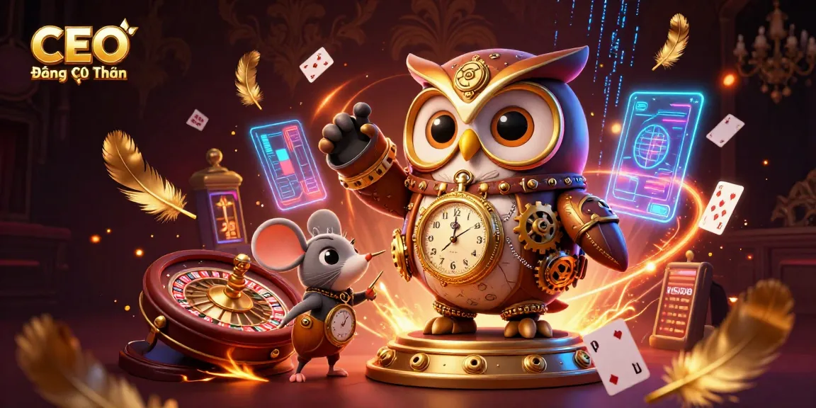 Experience casino thrills with CEO Đặng Quốc Tiến in a vibrant, steampunk-themed illustration.