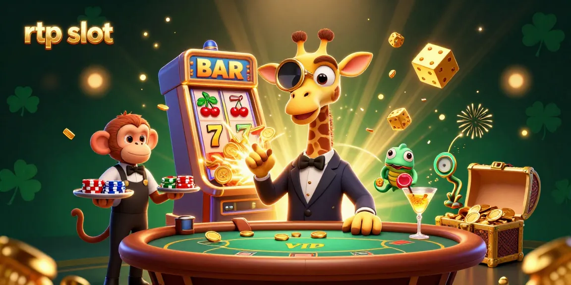 Engage with rtp slot excitement featuring a giraffe at a poker table amidst a vibrant casino scene.