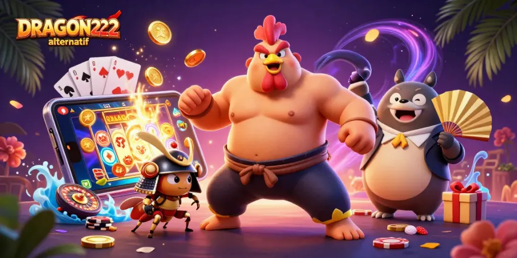 Engage with vibrant DRAGON222 alternatif gaming scene featuring a sumo wrestler and a fierce cricket.