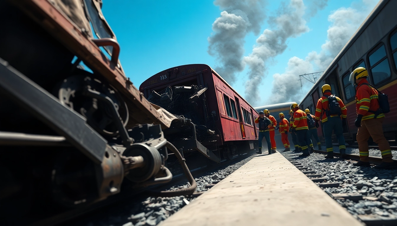 A scene depicting the aftermath of the spain train crash, showcasing first responders aiding victims amid twisted wreckage.