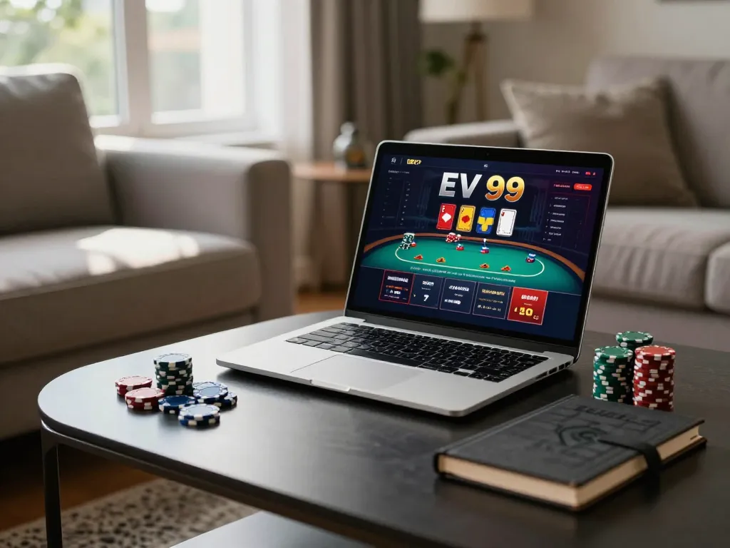 Playing poker online at EV 99 with laptop set in a cozy living room.