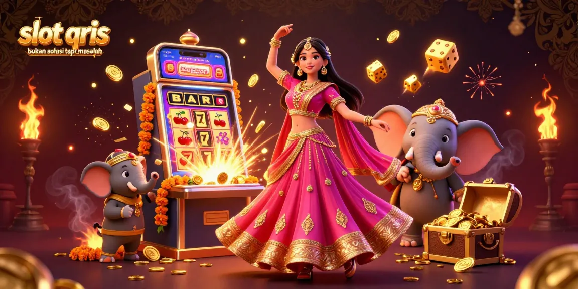 A captivating 3D illustration featuring a beautiful Asian woman and bejeweled elephant in a vibrant scene, symbolizing the message that slot qris bukan solusi tapi masalah.