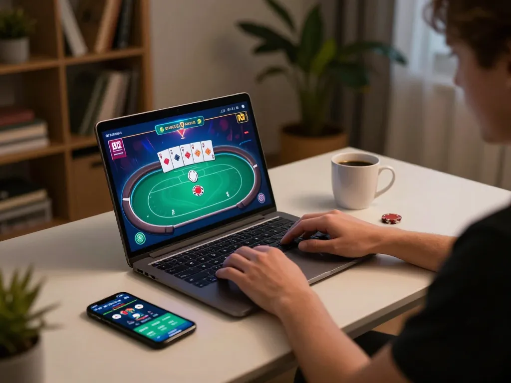 Player engaging in online poker on b52 platform, showcasing dynamic gameplay and strategic decisions in comfortable home setup