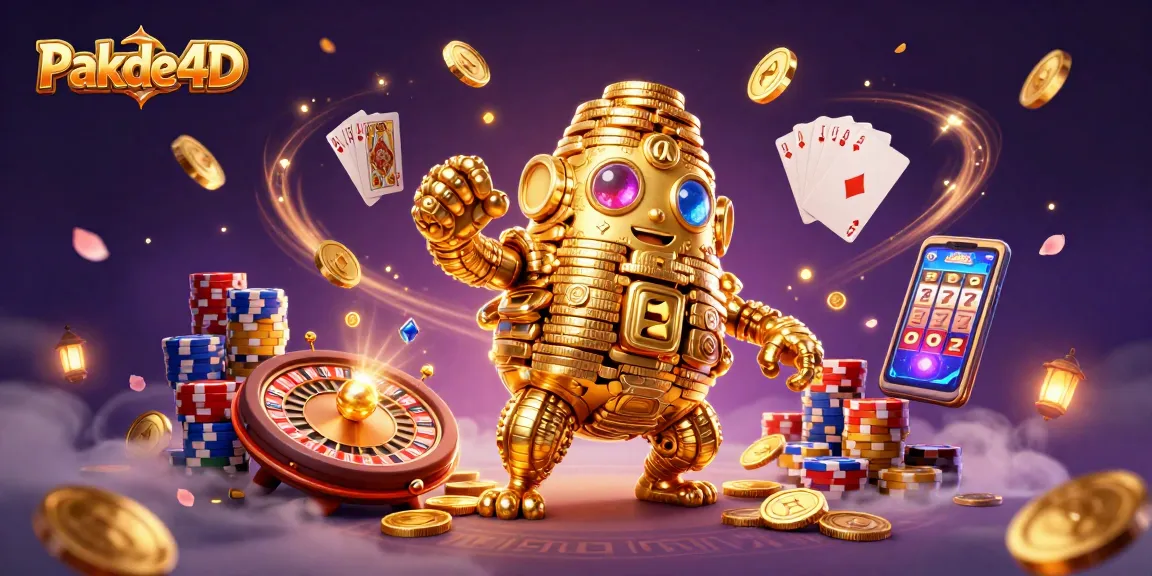 Experience the vibrant excitement of Pakde4D's online gaming with dazzling gold, slot symbols, and roulette.