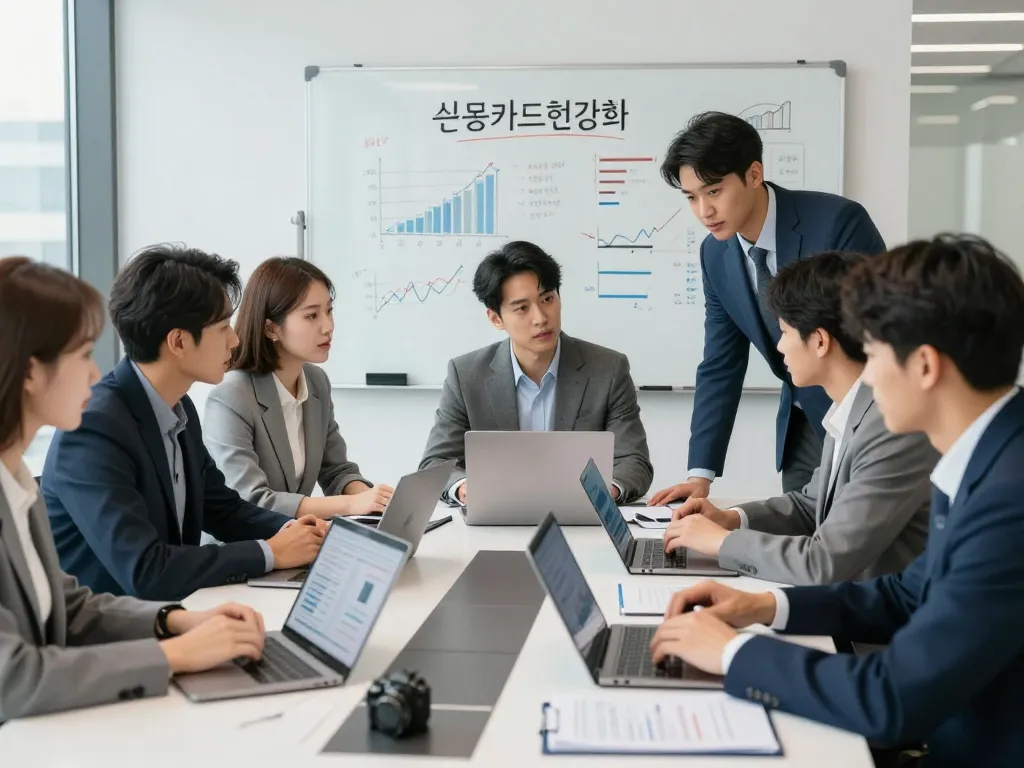 Professional team discussing 신용카드현금화 solutions in a bright office.