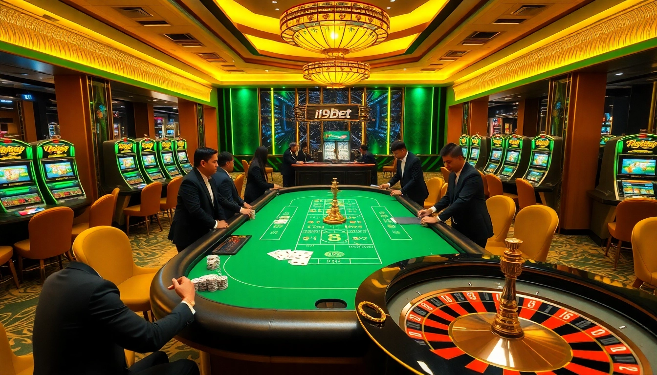 i9bet gaming table with vibrant poker action and roulette excitement in a luxury casino setting
