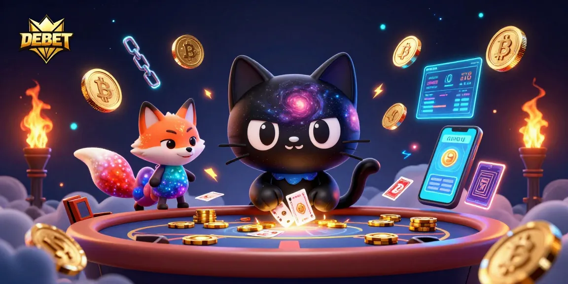 Engage with DEBET's cosmic casino experience, illustrated with a black hole cat and a nebula fox.