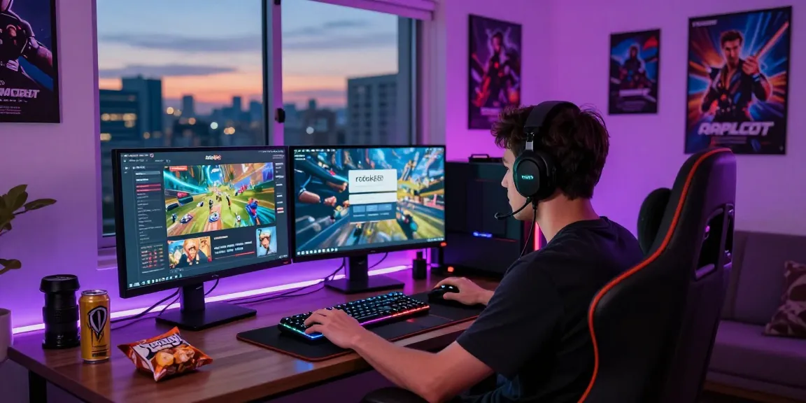 Gamer focused on rokok88 login screen in a vibrant gaming setup.