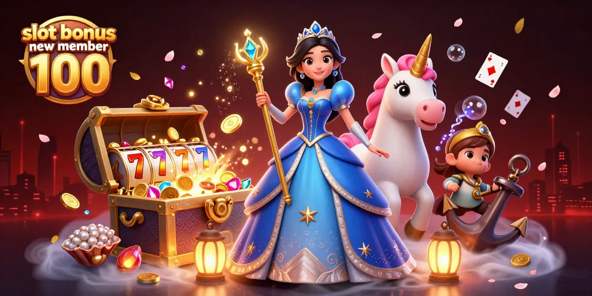 Experience the excitement of a slot bonus new member 100 with vibrant characters and dynamic casino elements in a magical scene.