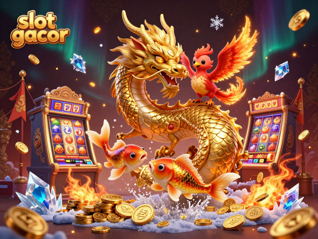 Engage with slot gacor excitement through dynamic dragons and vibrant casino symbols in a rich 3D scene.