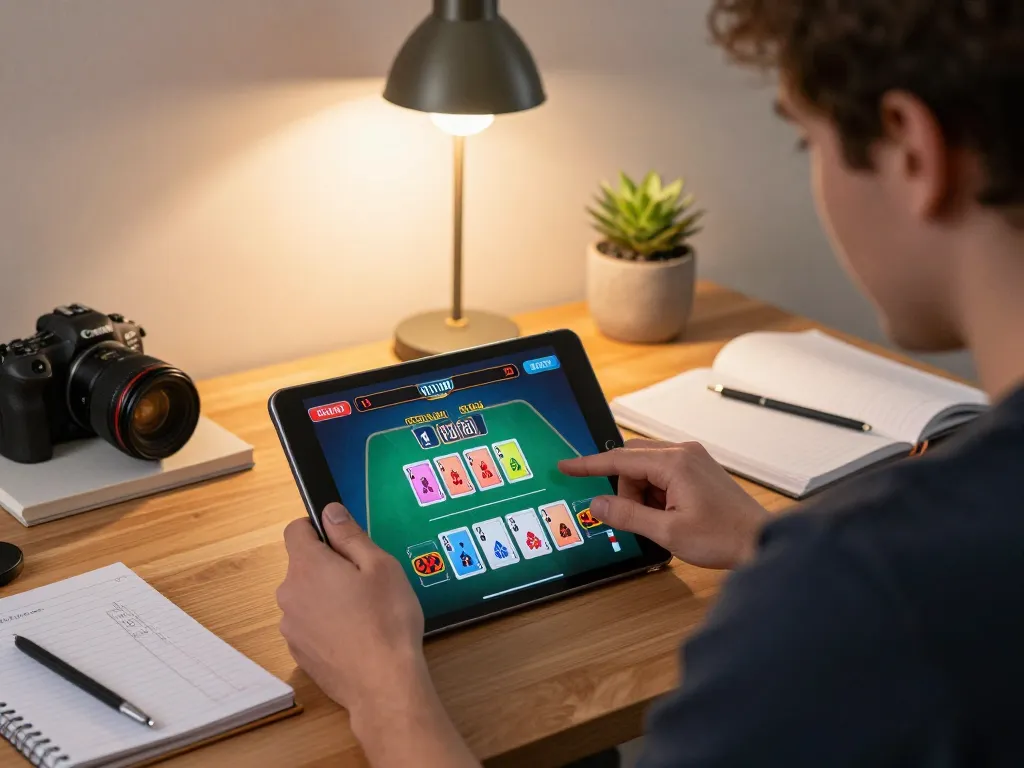 Playing live dealer blackjack online while strategizing with notes, featuring หนังใหม่ชนโรง in a relaxed home atmosphere.