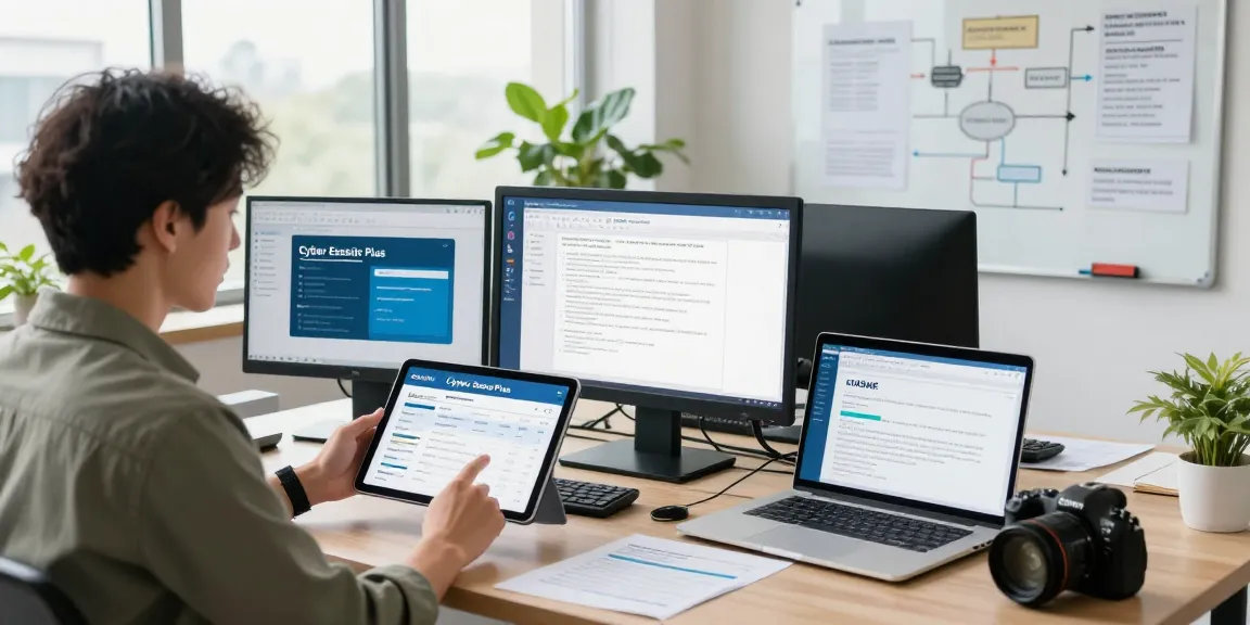 Cyber Essentials Plus certification review in a modern office setting with a consultant and audit materials.
