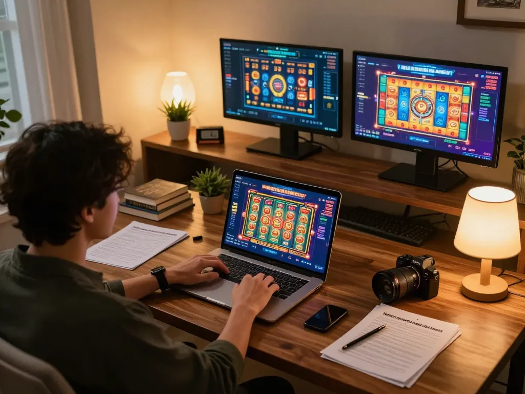 Engaging player enjoying Mahjong Slot on a stylish online gaming setup with warm lighting.