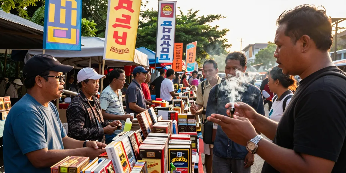 Customers engaging with vendors showcasing rokok88 super at lively outdoor market.