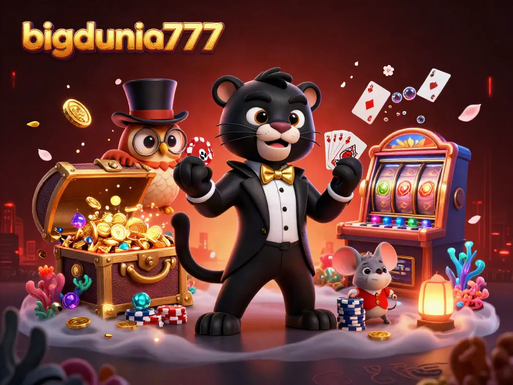 Bigdunia777 showcases a stylish panther dealing cards amidst rich casino elements in 3D.