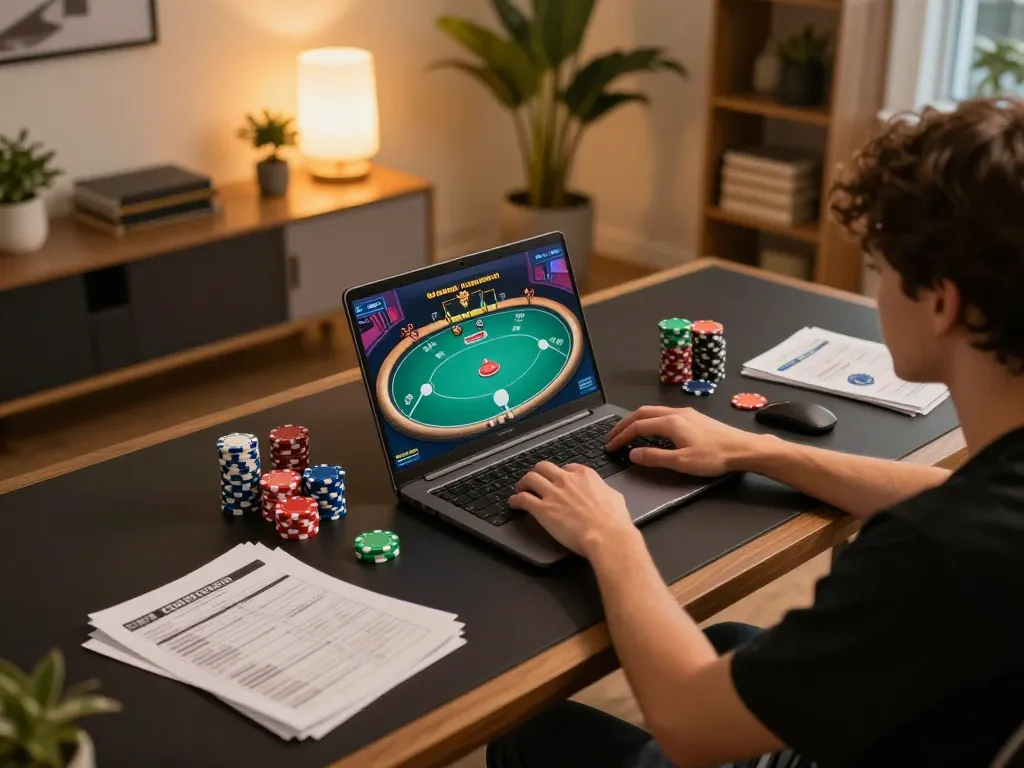 Cài đặt trò chơi Luck8 với một người chơi chiến lược poker trên laptop và những chip gần đó