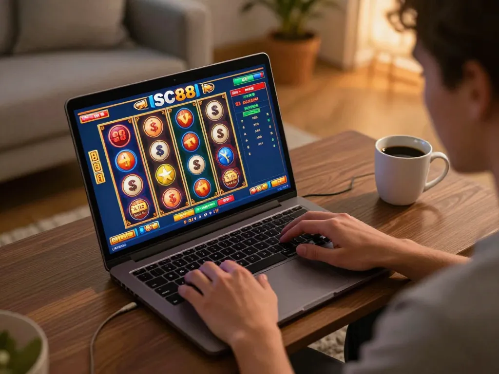 Player experiencing the excitement of SC88 online slots on a cozy home setup.