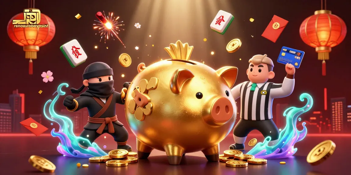 Menampilkan renoautobodypaint dengan karakter kartun seperti pegulat sumo piggy bank emas yang menghasilkan koin, dikelilingi elemen kasino.
