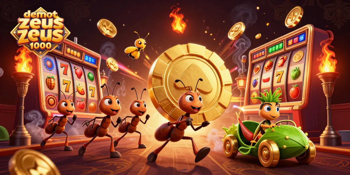 Experience excitement in demo slot zeus 1000 with ants carrying a golden poker chip through a vibrant casino scene.