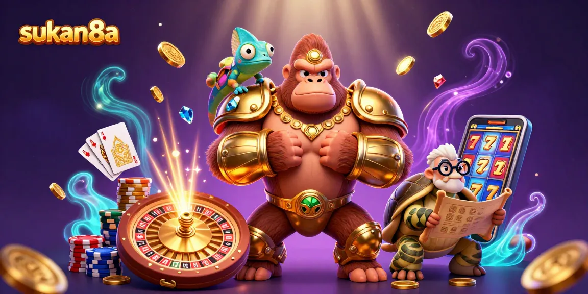 Sukan8a showcases a dynamic scene featuring a gorilla king in armor, chameleon spy, and tortoise elder amidst casino elements.