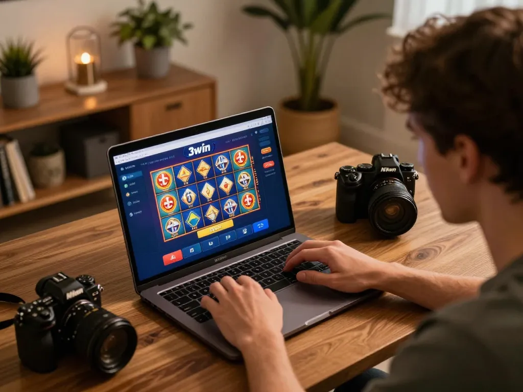 Player strategizing at 3win online casino on laptop, showcasing engaging gameplay.