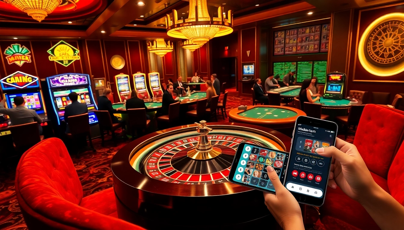 Gamblers enjoying high-stakes excitement at MM88.team's luxurious casino with roulette tables and vibrant slot machines.