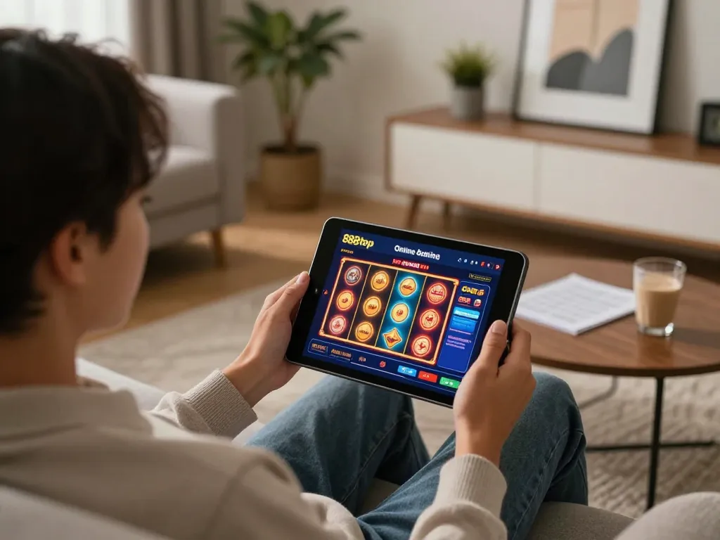 Engaging in online casino gameplay on 888top app from a cozy home setting with tablet and drinks.