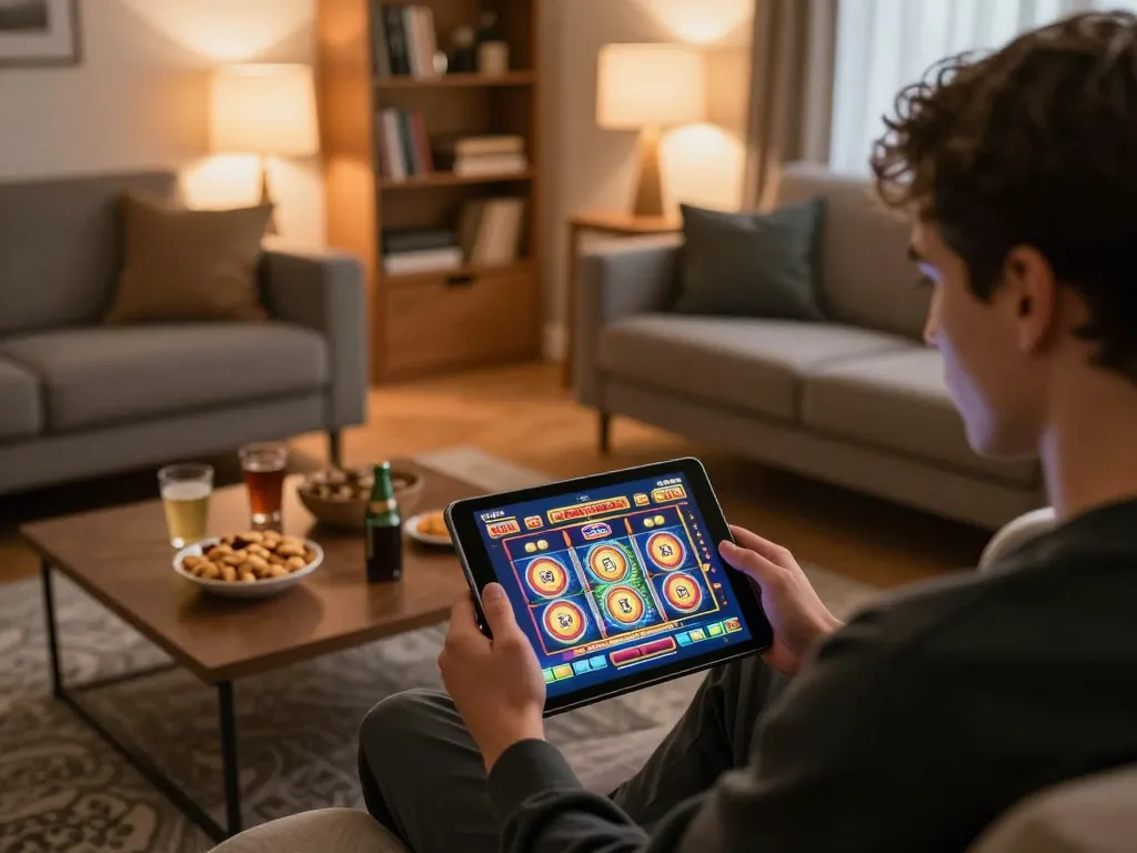 Engaging in online slot gaming with download apk slot bet 50 perak displayed on tablet in cozy living room.