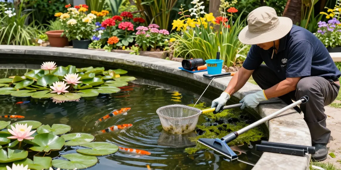 Pond cleaning Essex: technician removing algae from a vibrant garden pond, showcasing professional care and maintenance.