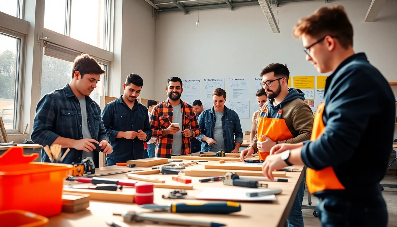Engaged students in a contractor apprenticeship training session using tools in a bright workshop.