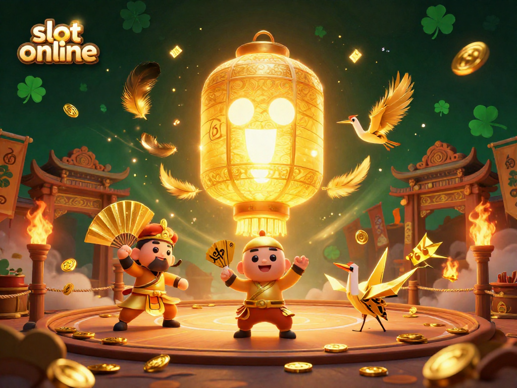 Bermain slot online dengan suasana magis di kasino malam, dikelilingi oleh simbol keberuntungan dan koin emas.