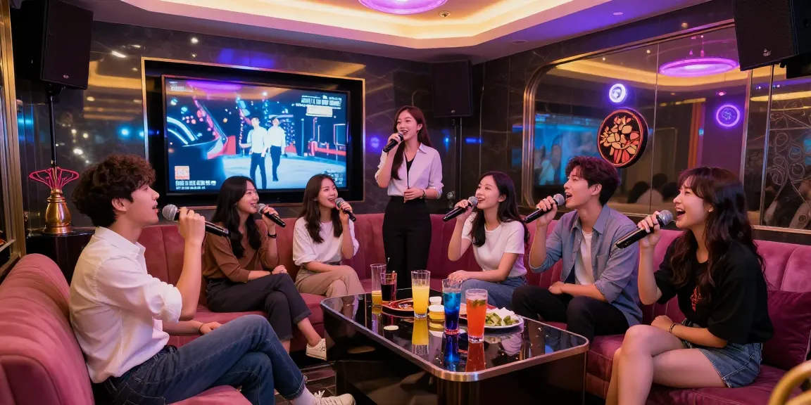 Group of friends celebrating at 강남가라오케, enjoying drinks and singing in a luxurious karaoke room.
