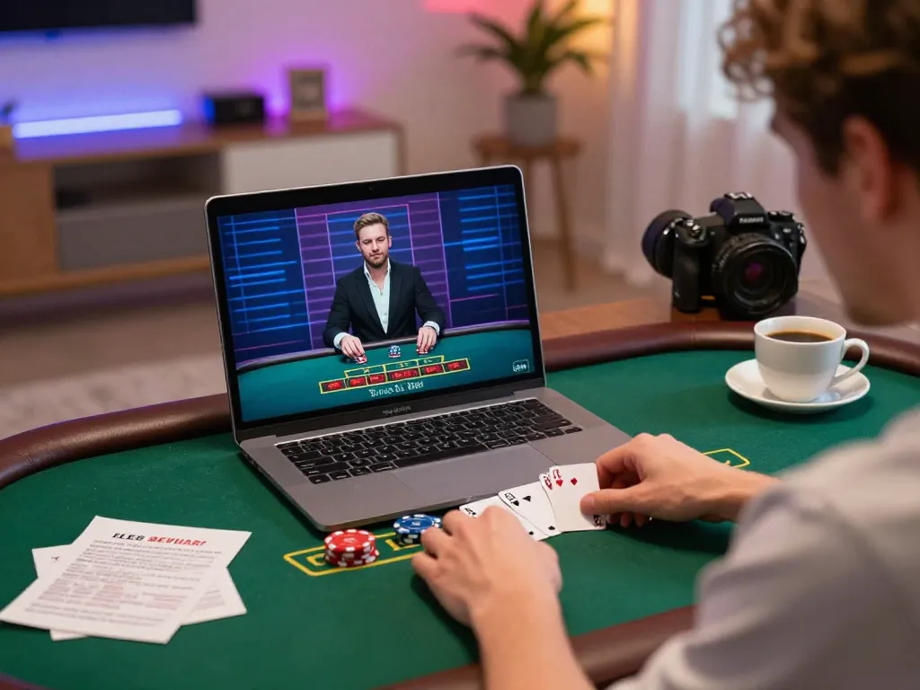 Player enjoying live dealer blackjack on 123b platform at home, showcasing engaging online casino experience.
