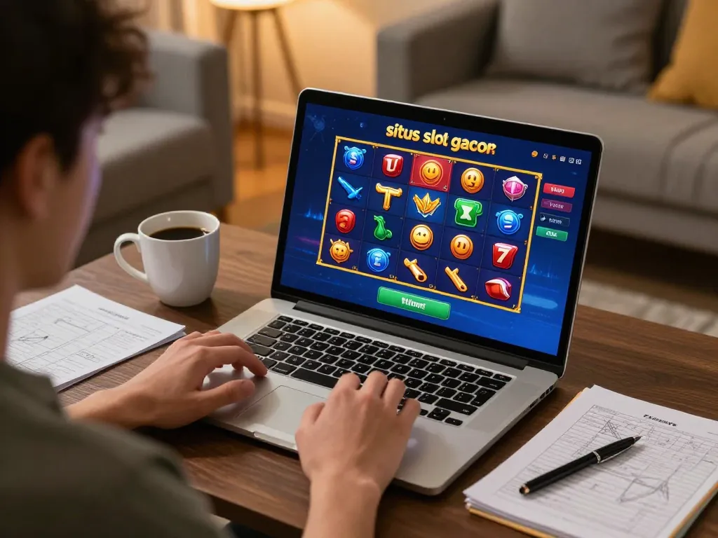 Engaging with situs slot gacor on a laptop in a cozy home setting, showcasing online gaming.