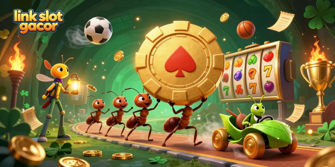 Experience the thrill with link slot gacor, a vibrant scene of ants carrying a poker chip through lively tunnels filled with slot symbols.
